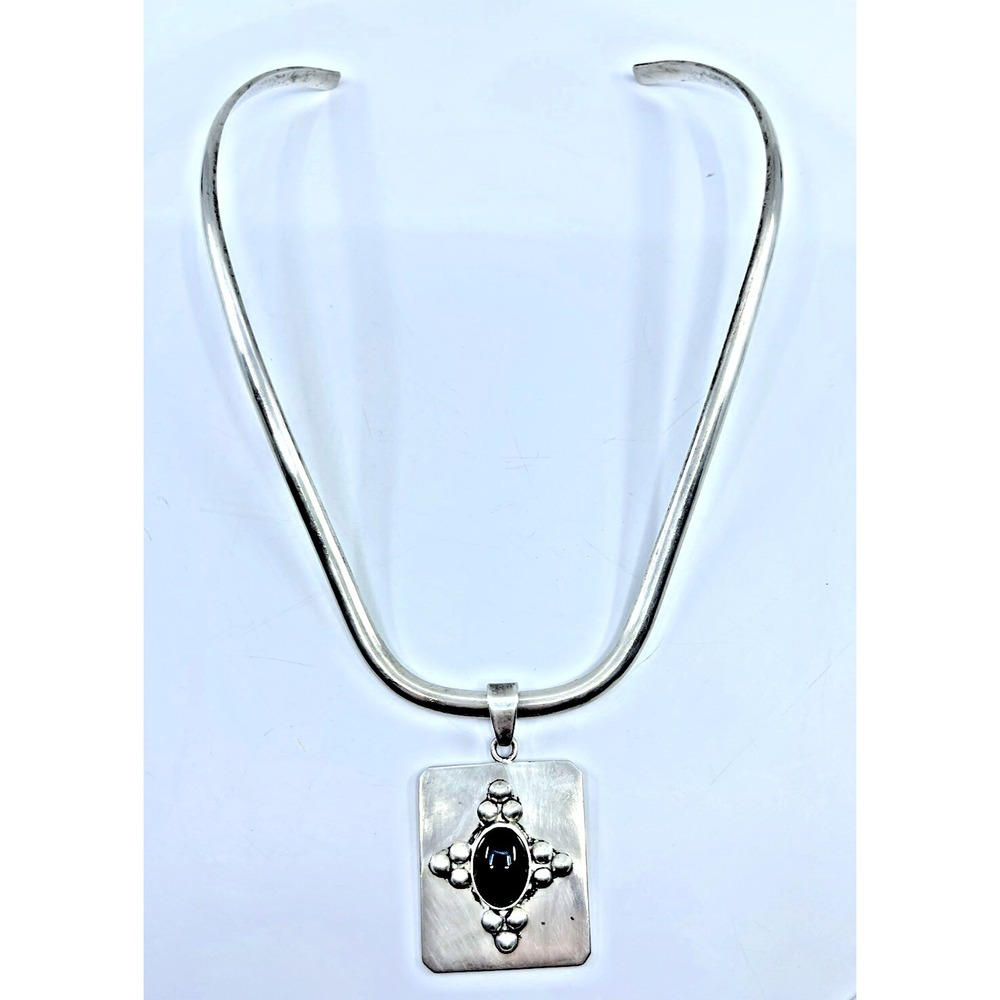Vintage MCM 925 Sterling Silver Collar Onyx Square Necklace Signed Mexico